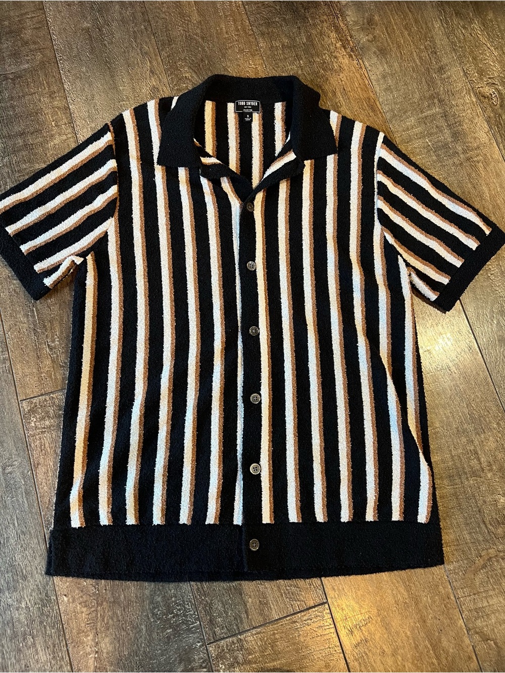 Todd Snyder Shirt Mens small Black Stripe Boucle Sweater Knit Italian Yarn Terry